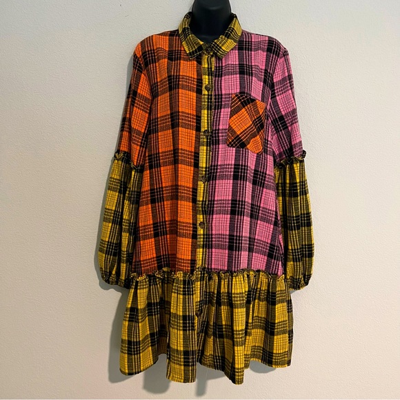 DAVI & DANI Dresses & Skirts - Davi & Dani Color Block Plaid Peplum Shirt Dress L